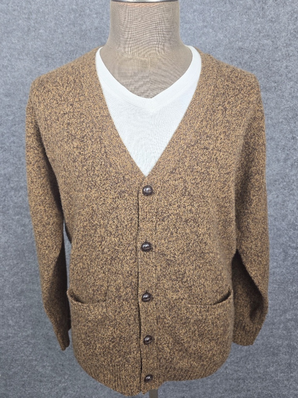 Pendleton Washable Wool Cardigan Sweater Men's L Brown Tan Marled Knit Excellent